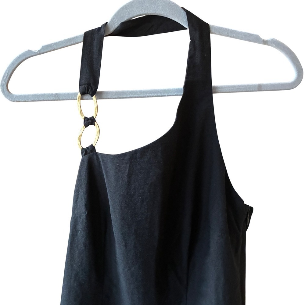 Future Collective Halter Sheath Dress Sz 6 Black Gold Abstract Ring Linen Blend - Picture 3 of 9